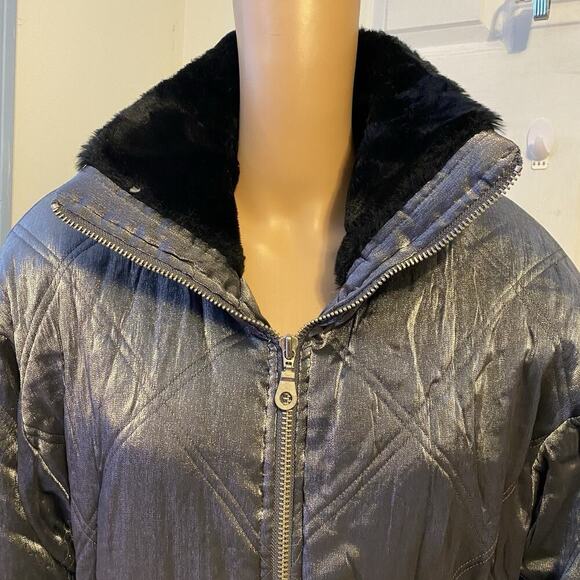 Vintage Climate Zone Women L Puffer Coat Jacket Metallic Silver Faux Fur Fullzip - Picture 7 of 11